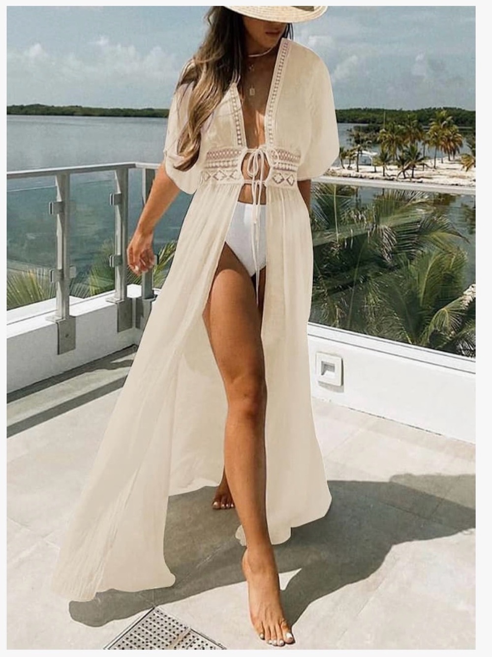 Women’s White Beach Cover-Up Maxi with Crochet Waist